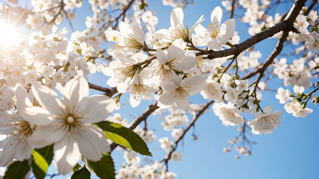 Sun Shine Through White Flowers On Branches. Spring Season. Tree Blossom Natural Background In Broad Daylight With Sun Highlight Though Branches