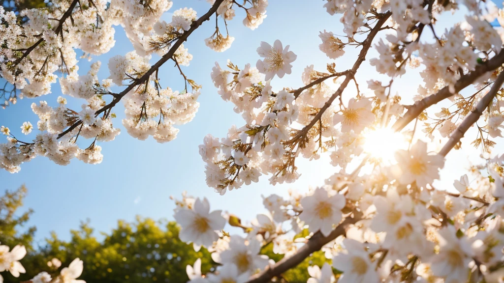 Sun Shine Through White Flowers On Branches. Spring Season. Tree Blossom Natural Background In Broad Daylight With Sun Highlight Though Branches