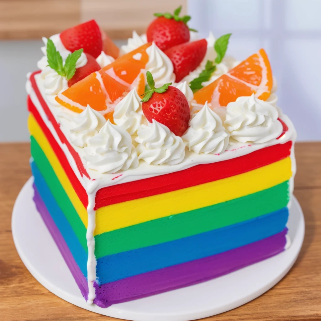 on a wooden table, on a porcelain plate, a tiny cream rainbow cake, with cream lines drawn on its edges, white cream swirls, tiny strawberries, oranges and watermelon slices made of polymer clay on the cake, window light, bright lights, soft light, window light, professional lighting, light from the window, neat light, realistic texture, realistic style, detailed texture, high quality, high resolution, high quality rendering, realistic photo, brightning light, macro photo
