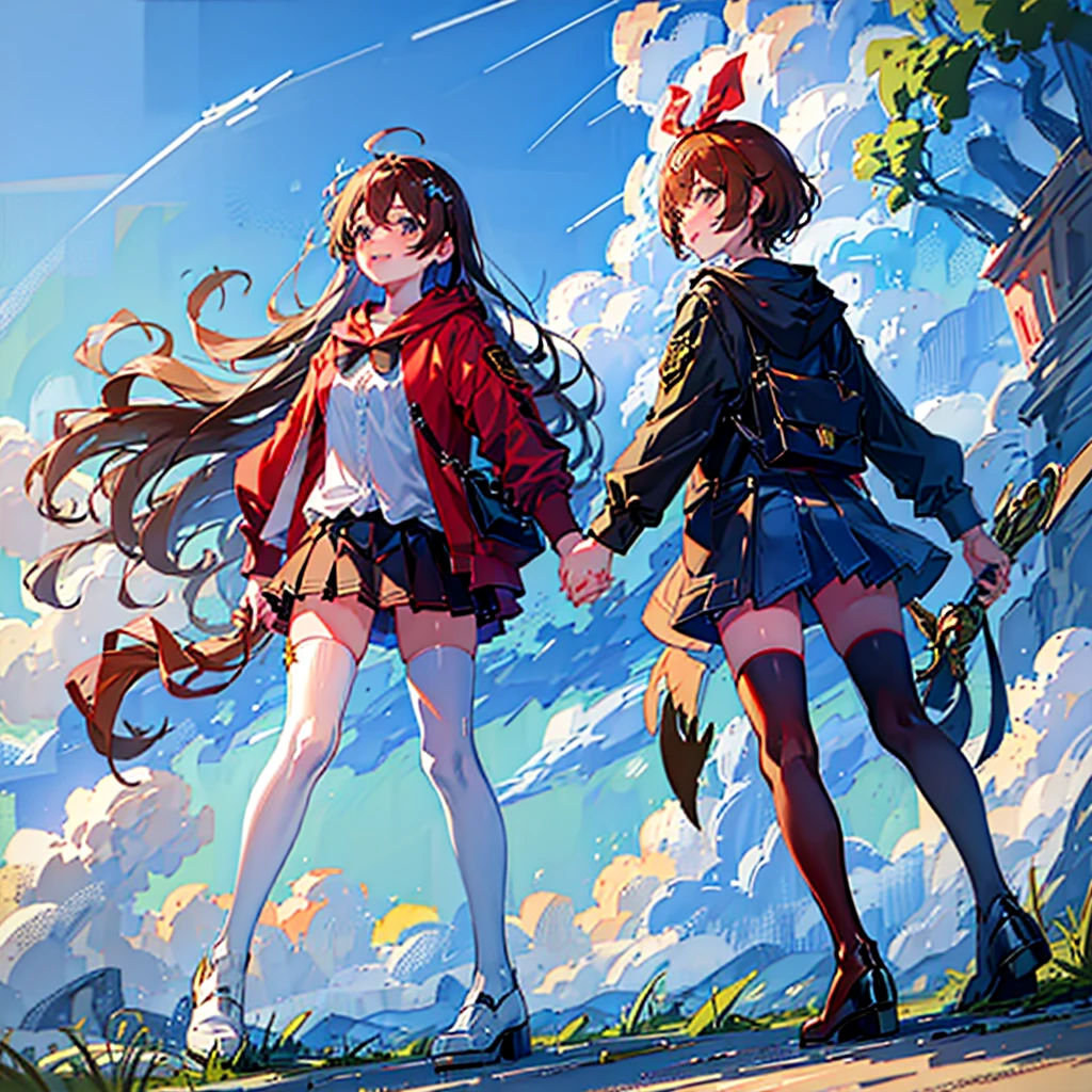 kawaii, anime, Cute, hyper quality, highly detailed, 16k, Front facing, Clarity, full body, smile, Inciting point of view, one girl, long brown hair, green eyes, Magical girl, , brown hawk wings on the back, heart stick, white actinidia arguta flowers, over knee socks, ribbon, open your mouth and laugh, light dances, A bird of light flaps its wings, brandish a stick, morning sunshine, magic effect, magic attack, heart effect, accessories, cute costume, white petals dance, Standing on a green hill with blooming flowers, white sardine flower, blue sky, crown, a brown bird flapping its wings, clear sky, Light of the sun, long magic stick, fantasy world,