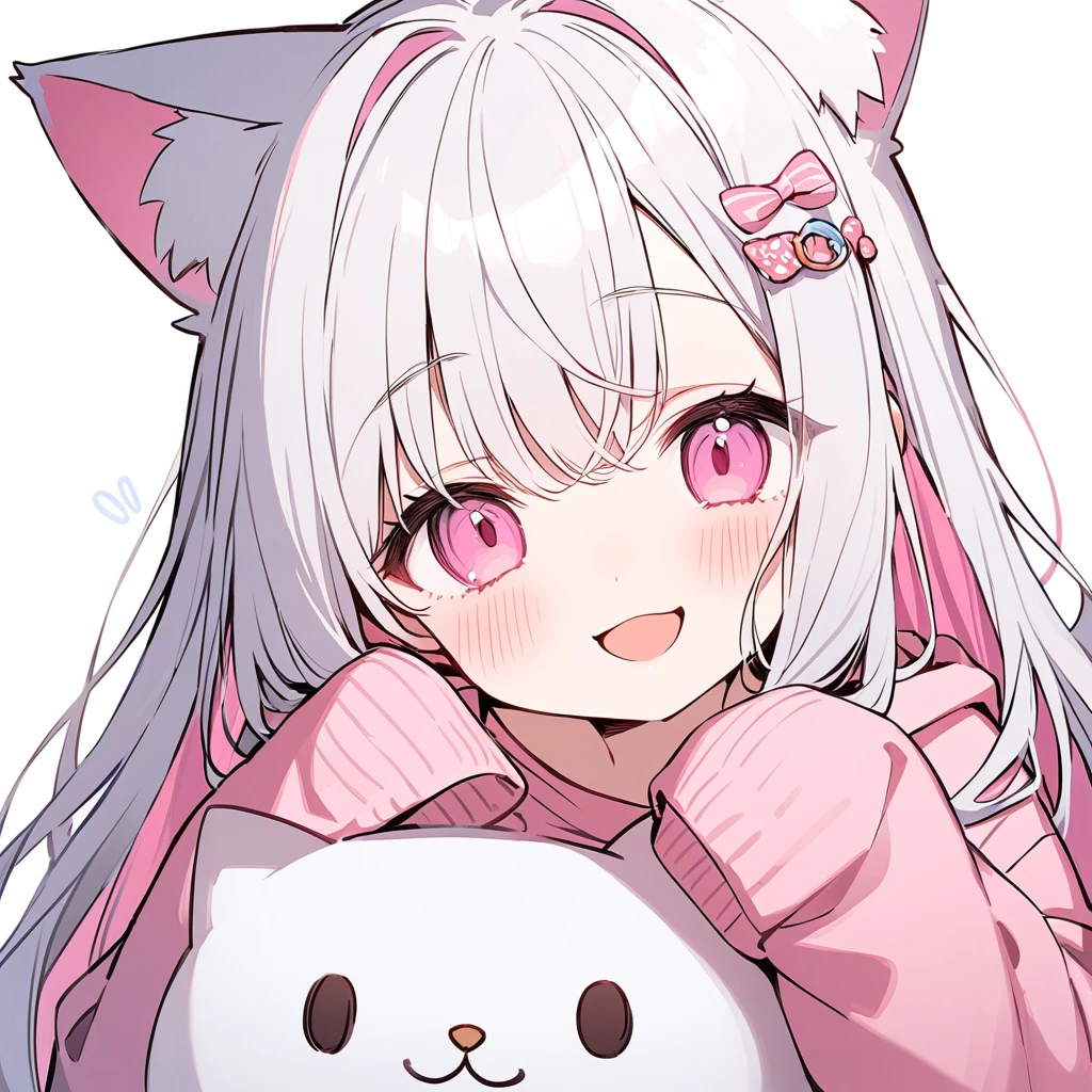 long hair, White hair, pink inner hair, open mouth, smile, flustered, Illustration where the pupil does not overlap the lower lash line, The lower half of the eye is white, vacant eyes, pink eyes, oversized clothes, sleeves past wrists, , pink cardigan, pink ribbon, piercing, stuffed animal, White background, 1girl, cat ear,solo, hairpin,Take a picture herself
