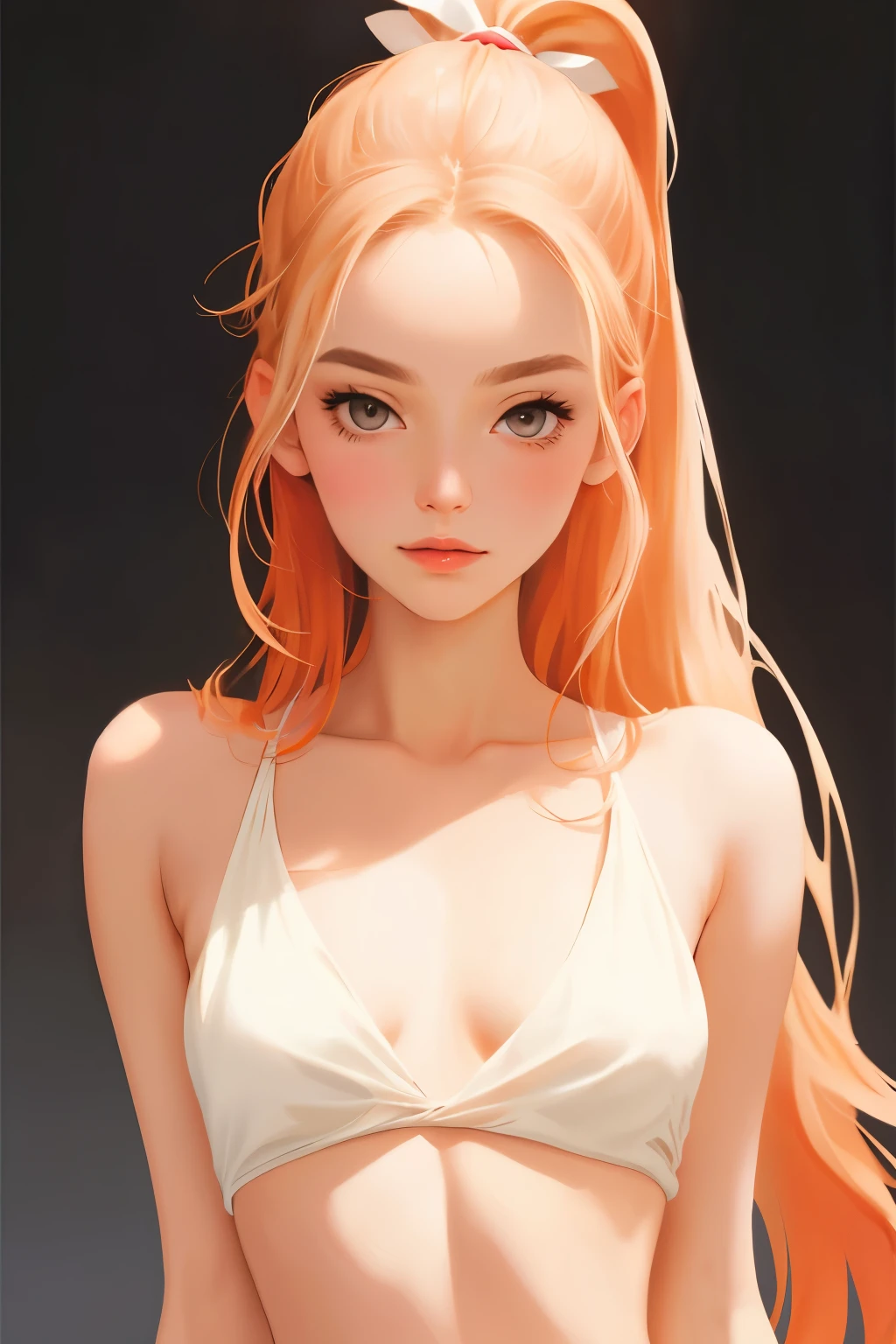  ((best quality)), ((masterpiece)), (detailed), NSFW, small breasts, prominent collarbones, skinny arms, flat stomach, visible hip bones, long hair, red hair, white hair, blonde hair, dark hair, ponytail, thick ponytail, heavy ponytail, Realistic Shadows, Detailed skin, Very small breasts, Hair Ribbon, Very detailed, highly detailed face, Perfect face shape, Perfect lips, Perfect nose, Correct beautiful eyes, Watching Viewer, Best Quality, Single Girl, No bra, No panties, Solo 