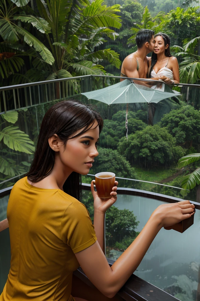 Create a 3d image of a raining in jungle and there is a bunglow and couples enjoying the rain at the balcony and drinkig tea