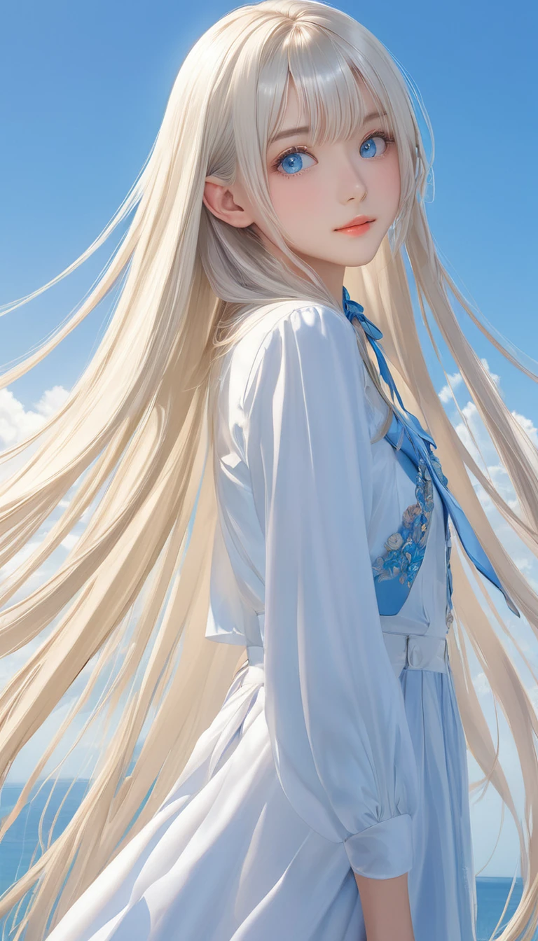(masterpiece, Highest quality:1.2), One girl, alone,bony body、15 years old、Shiny platinum blonde silk super long straight hair, beautiful shiny bangs, big clear sky blue eyes, very beautiful bright eye highlights