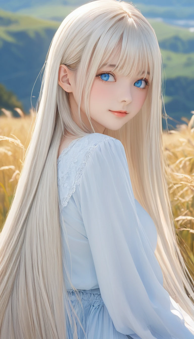 (masterpiece, Highest quality:1.2), One girl, alone,bony body、、Shiny platinum blonde silk super long straight hair, beautiful shiny bangs, big clear sky blue eyes, very beautiful bright eye highlights