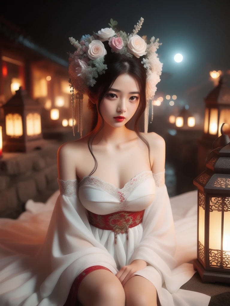 hands_, 1girl, lantern, hair ornament, flower, hair flower, paper lantern, black hair, red lips, looking at viewer, chinese clothes, holding, dress, blurry, solo focus, long hair, black eyes, realistic, bare shoulders, white dress, lips, night, lipstick, outdoors, upper body, blurry background, solo, makeup, hair bun, big breasts, exposed shoulders, exposed waist, exposed thighs