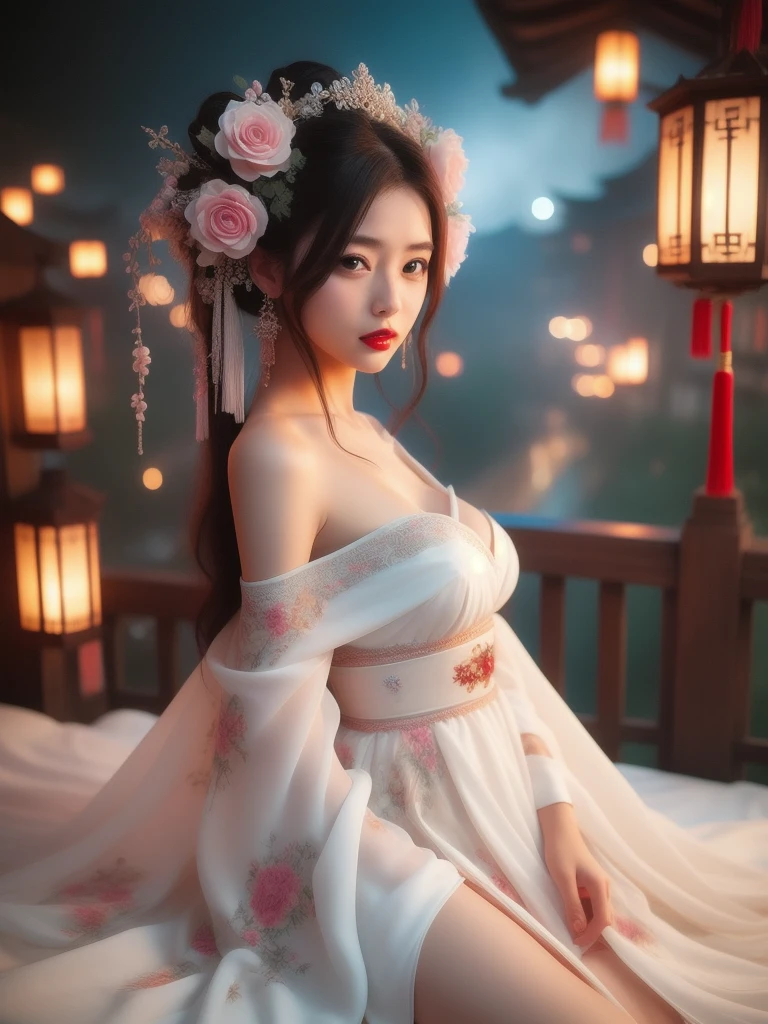 hands_, 1girl, lantern, hair ornament, flower, hair flower, paper lantern, black hair, red lips, looking at viewer, chinese clothes, holding, dress, blurry, solo focus, long hair, black eyes, realistic, bare shoulders, white dress, lips, night, lipstick, outdoors, upper body, blurry background, solo, makeup, hair bun, big breasts, exposed shoulders, exposed waist, exposed thighs