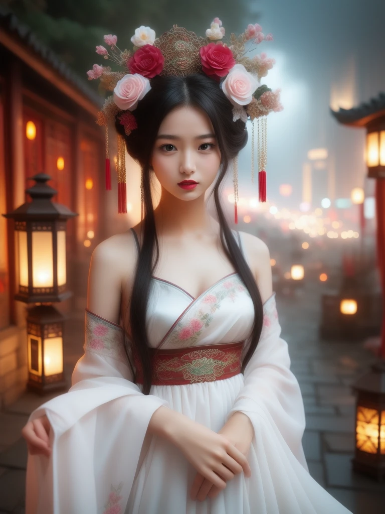 hands_, 1girl, lantern, hair ornament, flower, hair flower, paper lantern, black hair, red lips, looking at viewer, chinese clothes, holding, dress, blurry, solo focus, long hair, black eyes, realistic, bare shoulders, white dress, lips, night, lipstick, outdoors, upper body, blurry background, solo, makeup, hair bun, big breasts, exposed shoulders, exposed waist, exposed thighs