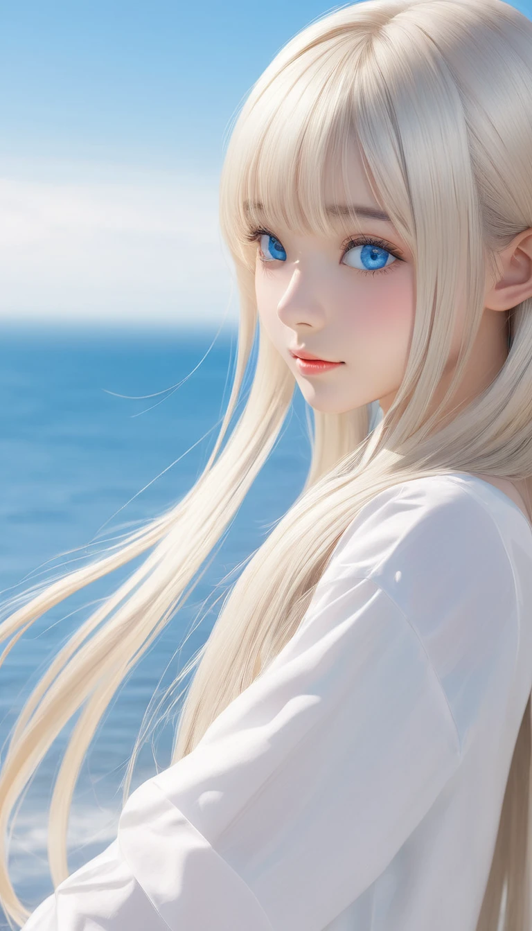 (masterpiece, Highest quality:1.2), One girl, alone,bony body、、Shiny platinum blonde silk super long straight hair, beautiful shiny bangs, big clear sky blue eyes, very beautiful bright eye highlights