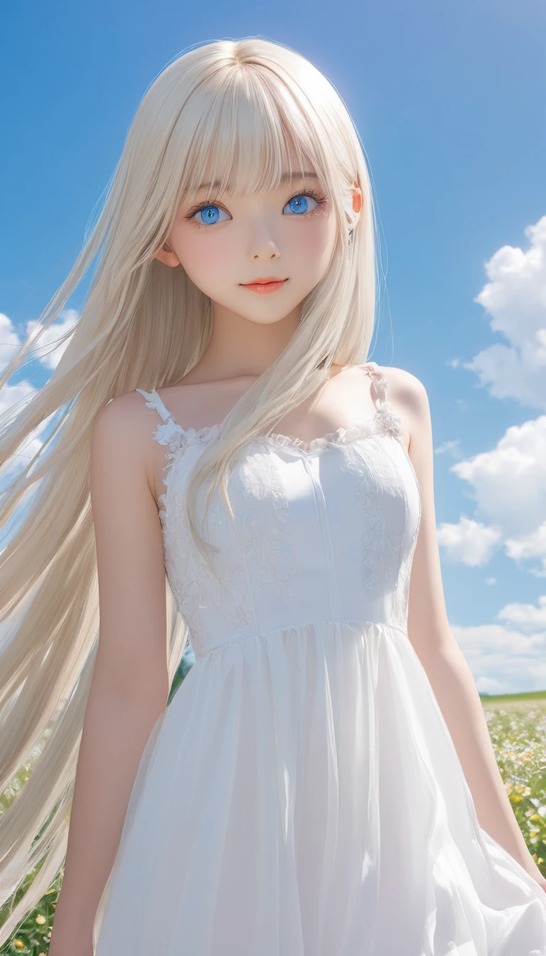 (masterpiece, Highest quality:1.2), One girl, alone,bony body、、Shiny platinum blonde silk super long straight hair, beautiful shiny bangs, big clear sky blue eyes, very beautiful bright eye highlights