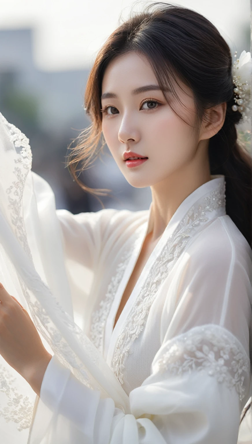 beautiful Korean woman, (((Mikamaria))), Motion blur, black and white close up, white background, a woman in an intricate and pure white hanbok dress with translucent stinging air particles on the hemline, professional fashion photography, super macro, super detailed texture of long wavy hair, poster style, minimalist ::1, tilt-shift of hands and face, Nikon, Hasselblad, Canon, Fuji, 16K
