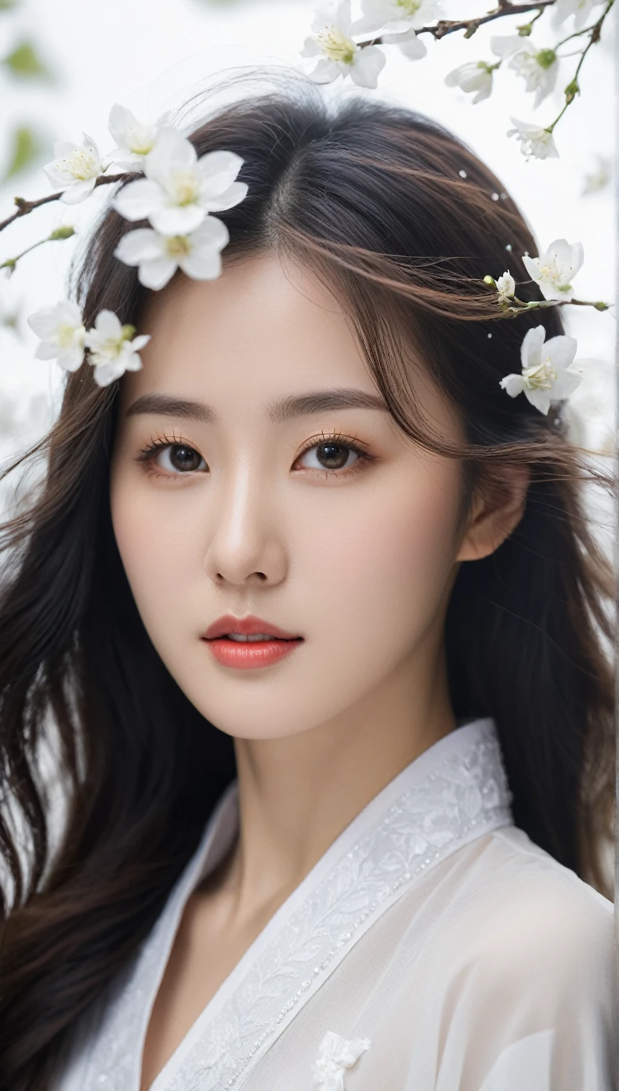 beautiful Korean woman, (((Mikamaria))), Motion blur, black and white close up, white background, a woman in an intricate and pure white hanbok dress with translucent stinging air particles on the hemline, professional fashion photography, super macro, super detailed texture of long wavy hair, poster style, minimalist ::1, tilt-shift of hands and face, Nikon, Hasselblad, Canon, Fuji, 16K