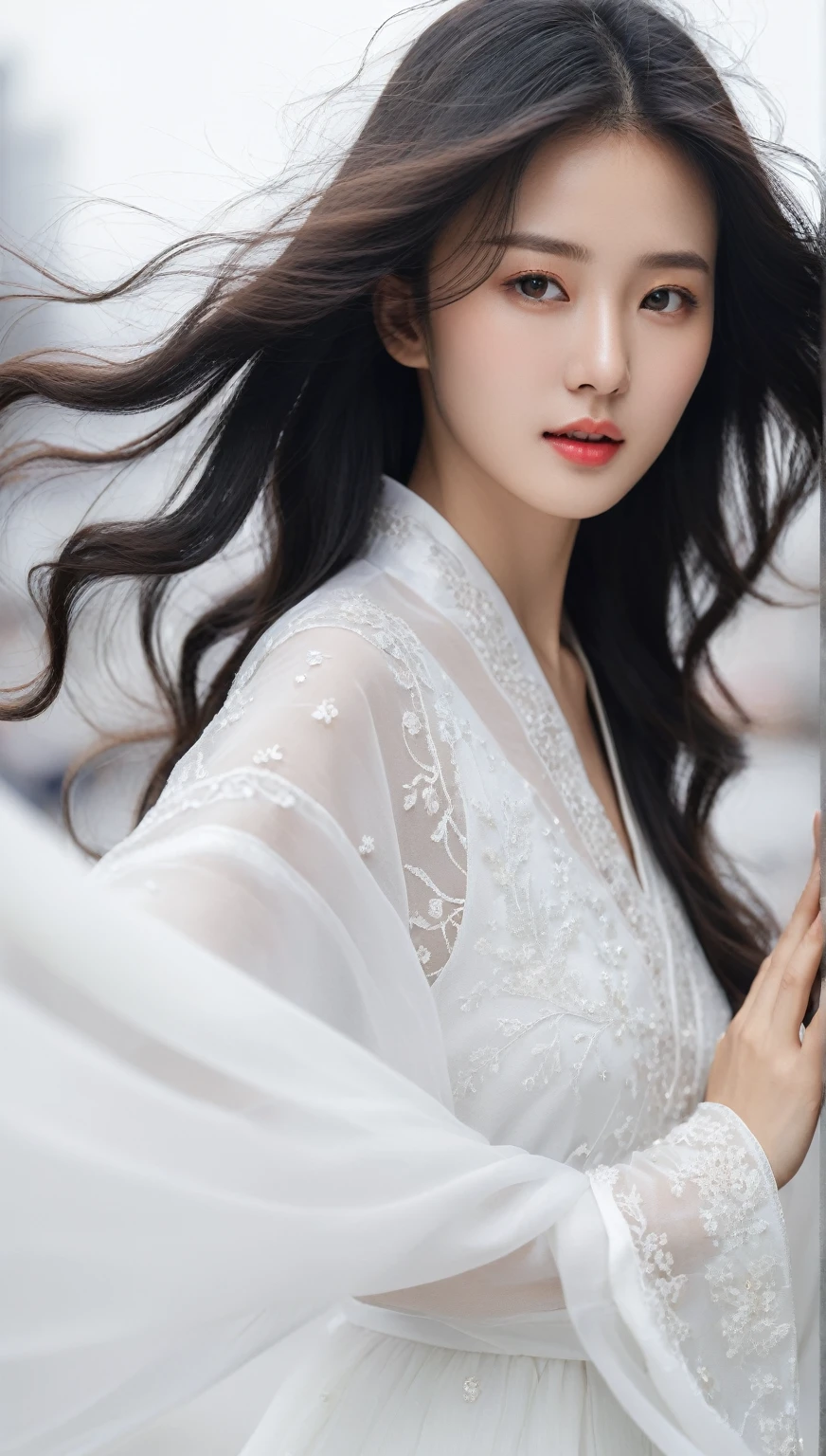beautiful Korean woman, (((Mikamaria))), Motion blur, black and white close up, white background, a woman in an intricate and pure white hanbok dress with translucent stinging air particles on the hemline, professional fashion photography, super macro, super detailed texture of long wavy hair, poster style, minimalist ::1, tilt-shift of hands and face, Nikon, Hasselblad, Canon, Fuji, 16K
