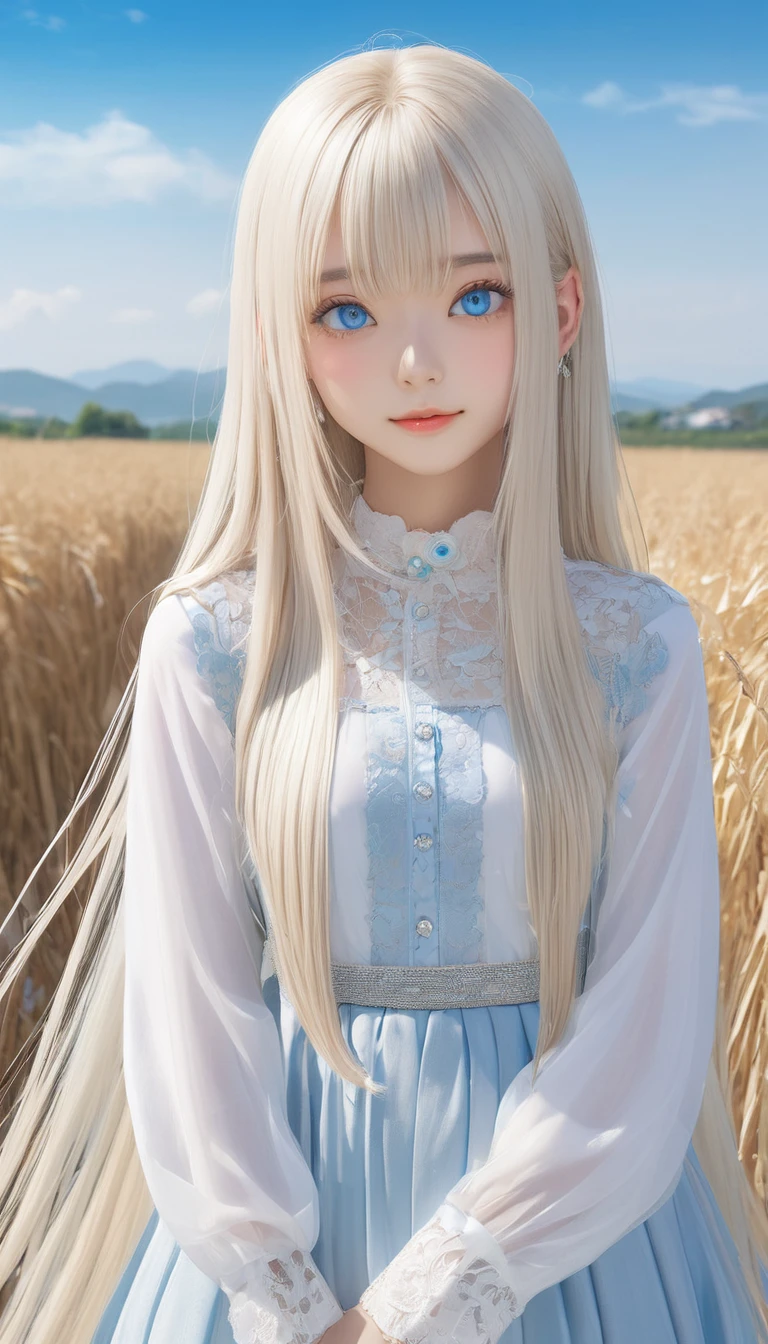 (masterpiece, Highest quality:1.2), One girl, alone,bony body、15 years old、Shiny platinum blonde silk super long straight hair, beautiful shiny bangs, big clear sky blue eyes, very beautiful bright eye highlights