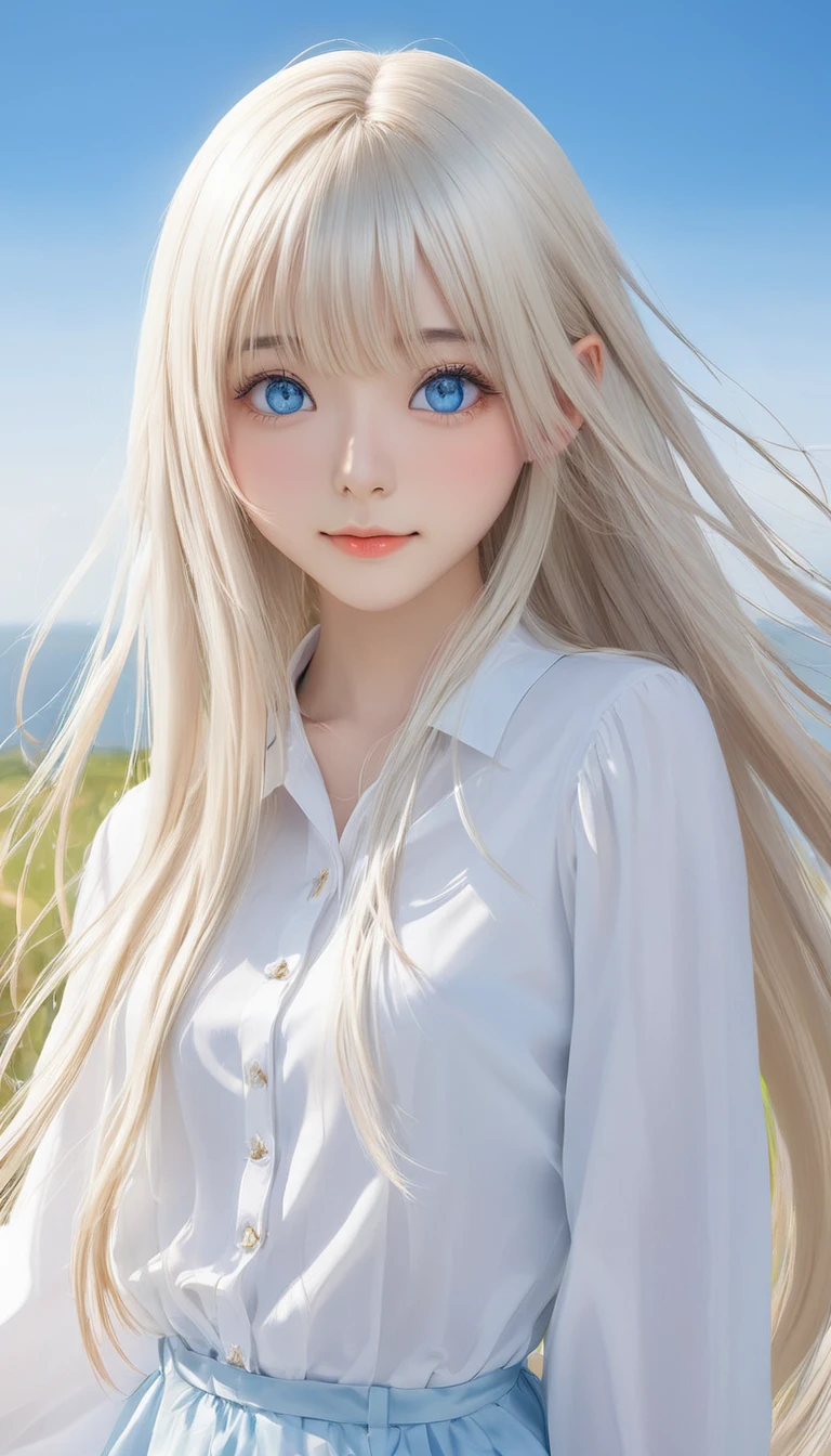 (masterpiece, Highest quality:1.2), One girl, alone,bony body、、Shiny platinum blonde silk super long straight hair, beautiful shiny bangs, big clear sky blue eyes, very beautiful bright eye highlights