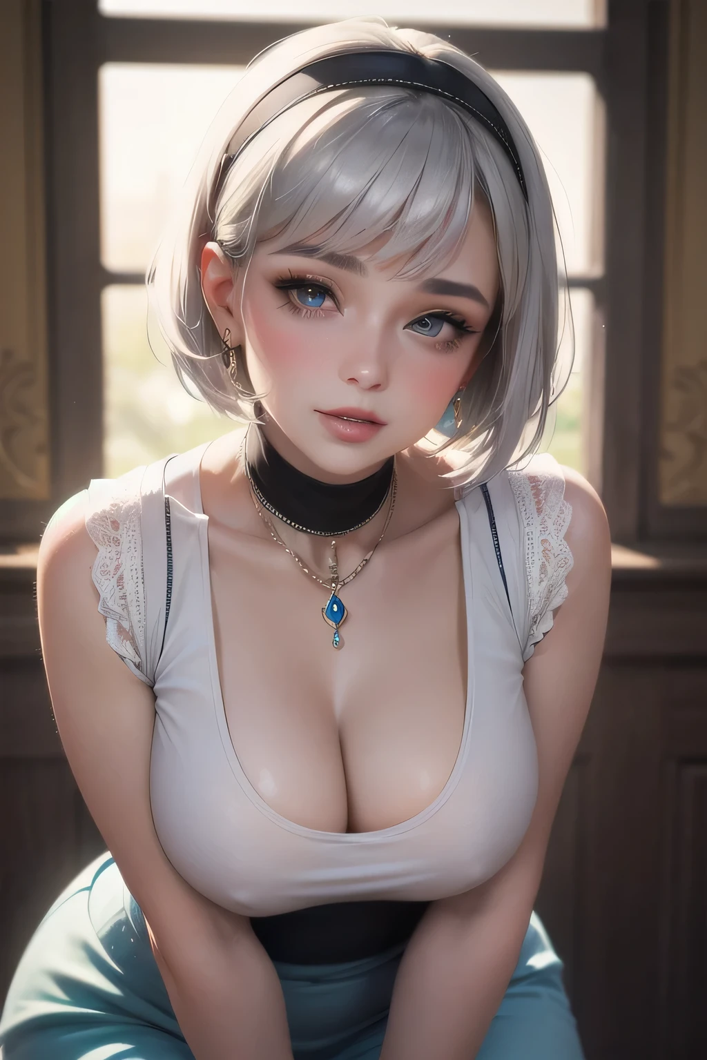 Amazing portrait of a sexy woman with a beautiful face emphasized by amazing makeup and beautifully detailed eyes with perfect lips wearing her short grey hair in a bob with a white hairband blushing intensely as she's flustered and lustful wearing some elegant earrings and a blue sleeveless sweater accentuating her medium chest paired with a cream skirt that accentuates her thick curvy body making her look hot with vibrant colors and soft lighting, smiling