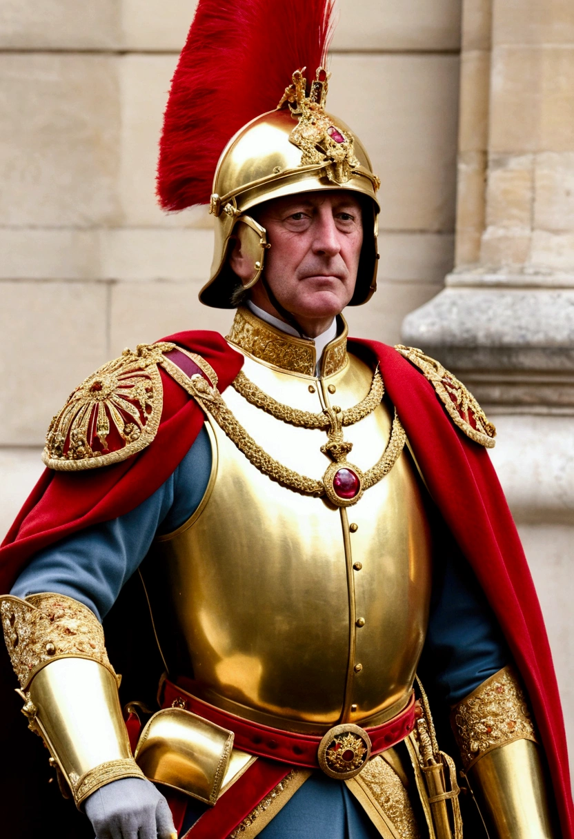 William 1er Empereur de l'empire du soleil, porte une armure dorée, est entouré de flammes, son armure est sertie de pierres précieuses rouge sang, et il porte l'épée Brisingr avec sa lame de rubis