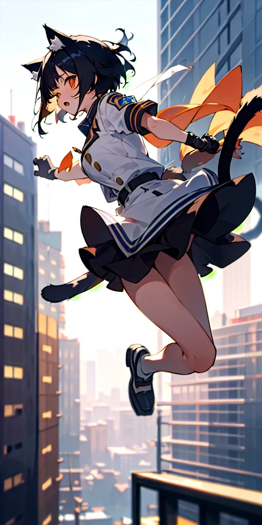 (masterpiece, best quality),1girl with short black hair, cat ears with fluff, cat tail coming out from spine, landing from a jump from a building, her arms in the air, warm lighting, uniform, blurry city foreground