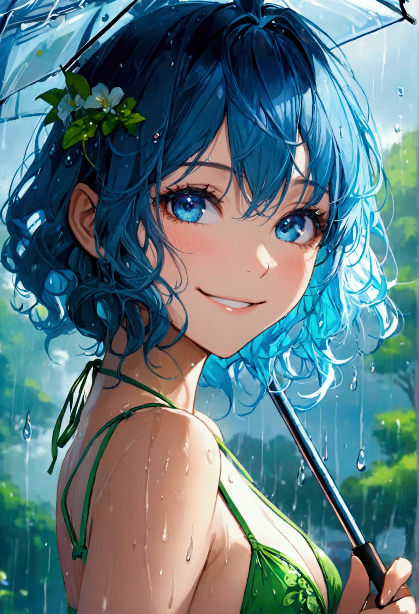 ((Top quality)), ((masterpiece)), ((Ultra Detailed)), (Extremely refined), Beautiful woman, Bright light blue hair, Long wavy hair, Sapphire blue eyes, Wearing a spring green bikini, Elegant smile, sweet smile, Relaxed expression, Fair skin, Rainy spring background,