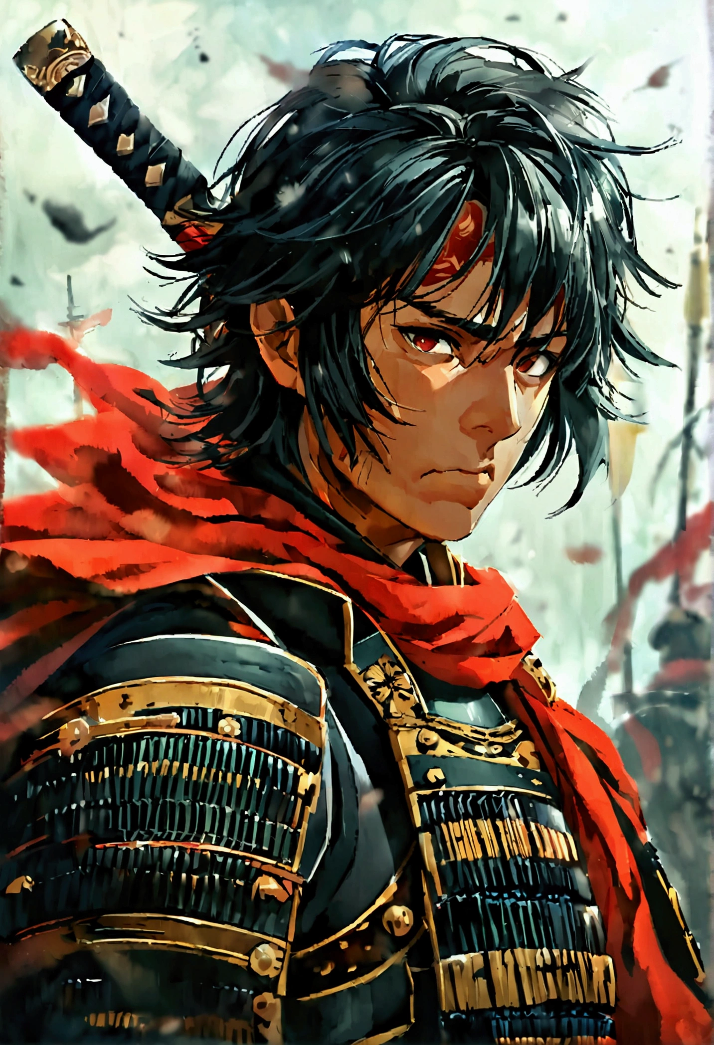 A powerful and ambitious feudal lord in Japan's Warring States period、Detailed illustration of Oda Nobunaga。He is wearing traditional samurai armor、It has an intricate design and an intimidating appearance.。Armor and helmet、Cheek、and a torso decorated with traditional Japanese motifs.。he has a sword、His expression expresses the intensity and determination that is legendary for his strength and tactical brilliance.。The background features battlefields and castles.、It symbolizes his role in many military campaigns and the unification of Japan.。The scene is moving.、There is a historic atmosphere。
