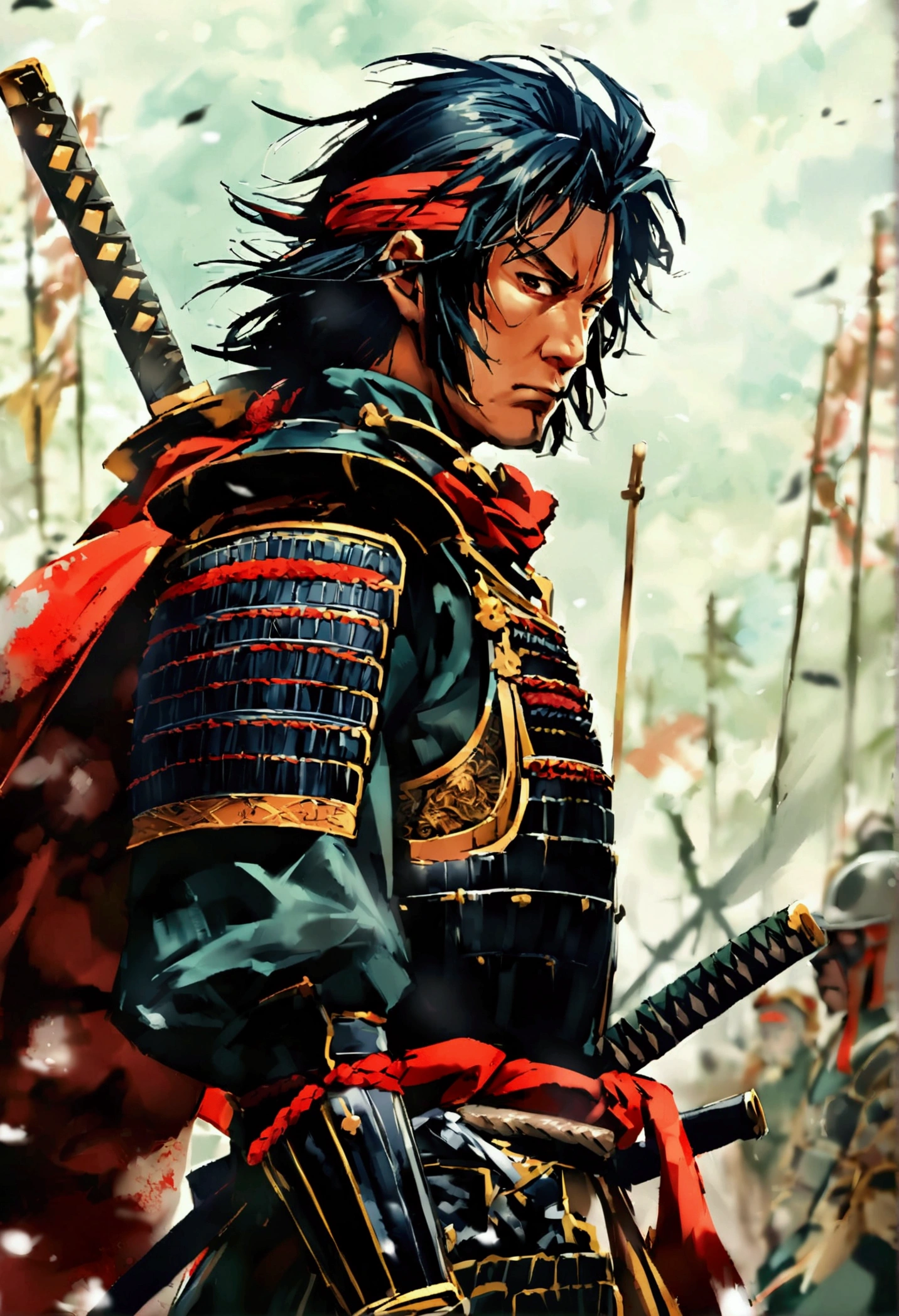 A powerful and ambitious feudal lord in Japan's Warring States period、Detailed illustration of Oda Nobunaga。He is wearing traditional samurai armor、It has an intricate design and an intimidating appearance.。Armor and helmet、Cheek、and a torso decorated with traditional Japanese motifs.。he has a sword、His expression expresses the intensity and determination that is legendary for his strength and tactical brilliance.。The background features battlefields and castles.、It symbolizes his role in many military campaigns and the unification of Japan.。The scene is moving.、There is a historic atmosphere。
