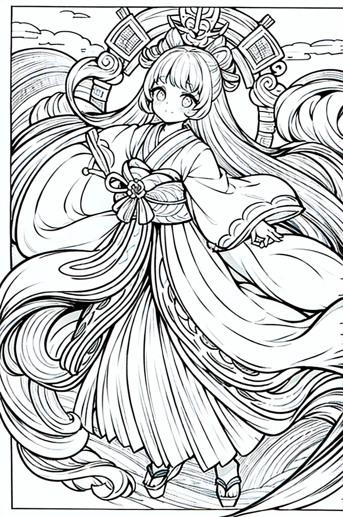 As a coloring book, the color should be black and white, the border should be simple, clear, and bold. A graceful Asian girl with elegant movements is performing a traditional Japanese dance in a grand [Kabuki theater]. She is wearing an exquisite [kimono with crane pattern], the flowing silk fabric accentuating her graceful movements. The girl's face is painted with delicate makeup, and her hair is adorned with an elaborate [hair ornament]. The intricate details of the kimono and the theater setting provide for the coloring book illustration.
