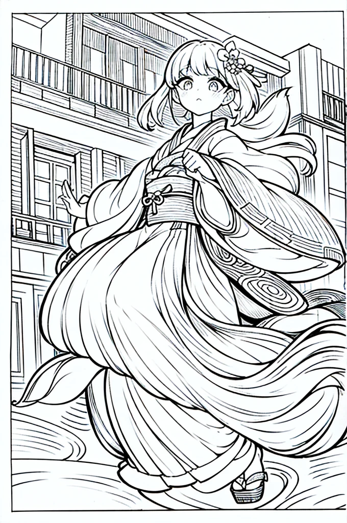 As a coloring book, the color should be black and white, the border should be simple, clear, and bold. A graceful Asian girl with elegant movements is performing a traditional Japanese dance in a grand [Kabuki theater]. She is wearing an exquisite [kimono with crane pattern], the flowing silk fabric accentuating her graceful movements. The girl's face is painted with delicate makeup, and her hair is adorned with an elaborate [hair ornament]. The intricate details of the kimono and the theater setting provide for the coloring book illustration.