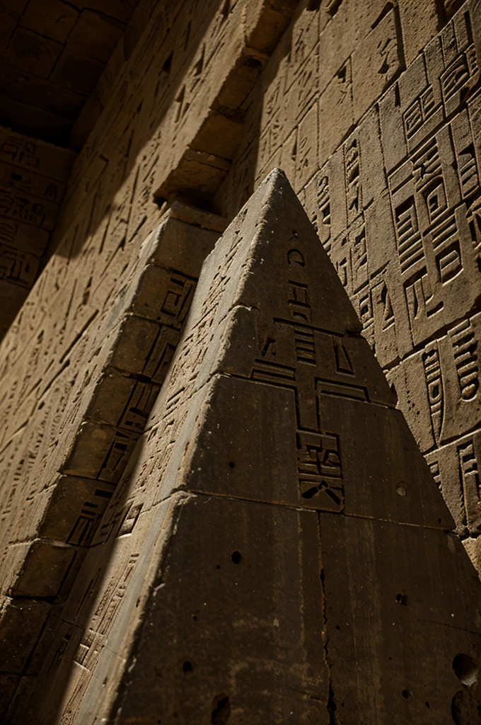 Close-up of ancient hieroglyphs on the pyramid walls, depicting advanced technology and enigmatic symbols.