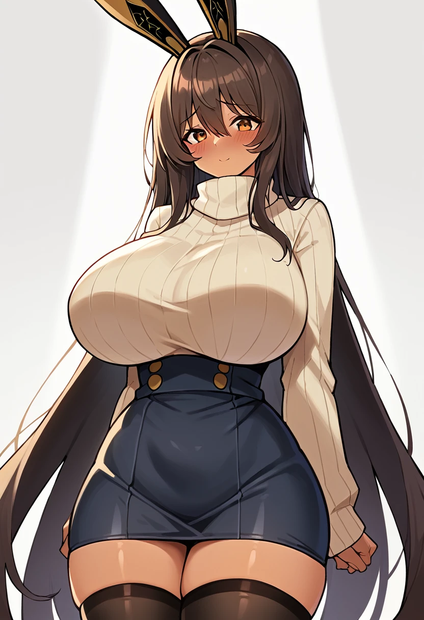 score_9, score_8_up, score_7_up, backlighting, white background,
BREAK
source_anime,
BREAK
(1girl, solo, solo focus), noir,
huge breasts, wide hips, narrow waist, thick thighs, very long hair, tan, blush, shy, light smile, rabbit ears,
sweater, skirt, thighhighs,