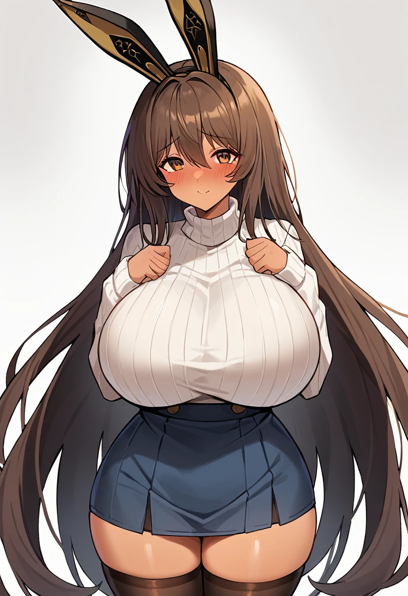 score_9, score_8_up, score_7_up, backlighting, white background,
BREAK
source_anime,
BREAK
(1girl, solo, solo focus),  noir, 
huge breasts, wide hips, narrow waist, thick thighs, very long hair, tan, blush, shy, light smile, rabbit ears, 
sweater, skirt, thighhighs, 
 