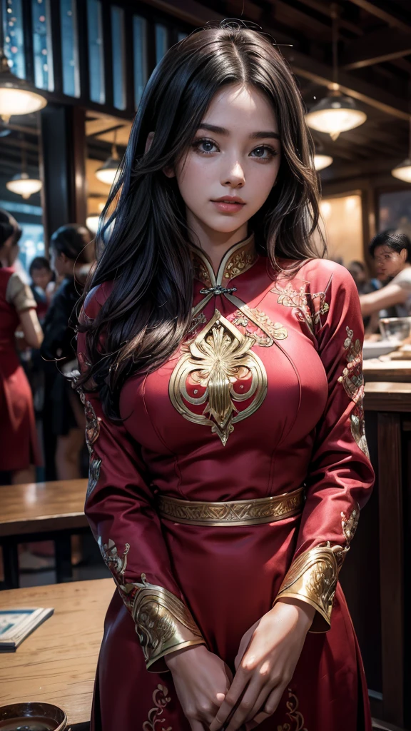 (Front Focus、Perfect Anatomy:1.5)、(Ultra-detailed、16k quality、RAW Photos、Real Skin: 1.6)、Hyper Realist、Photorealistic.Cinema Lighting、Highly detailed face、smile、1 美しいThailand人少女、14 years、short hair（Disproportionate breasts）（Dark Skin、Dark Skin:1.8）Sunburn、eyeliner、lip（きわどいThailandの服装:1.4)（Thailand、sightseeing、early morning:1.4）、One beautiful woman, Highest quality、masterpiece、Ultra-high resolution、(Cowboy Shot),(Realistic), (Ultra-realistic), (Ultra-high resolution), (Ultra-high resolution), (One beautiful woman), ((Ultra-Realistic Details)),(Realistic:1.4)Beautiful Face, (Looking into the camera),Cute face, 、RAW Photos, Highest quality,masterpiece,Highest quality,Ultra-high resolution),Best Images, (8K, RAW Photos, Realistic), 清楚で美しいThailand人女性, Rainbow light brown straight hair, big, Sparkling blue eyes, Long eyelashes, double eyelid, Half-open crimson alluring moist big thick lips, Medium breasts, beautiful breasts, Side bust, Down , Abdominal muscles, thin, Perfect proportions, whole body, （Shiny navy blue ao dai with gold embroidery, Blurred background red）