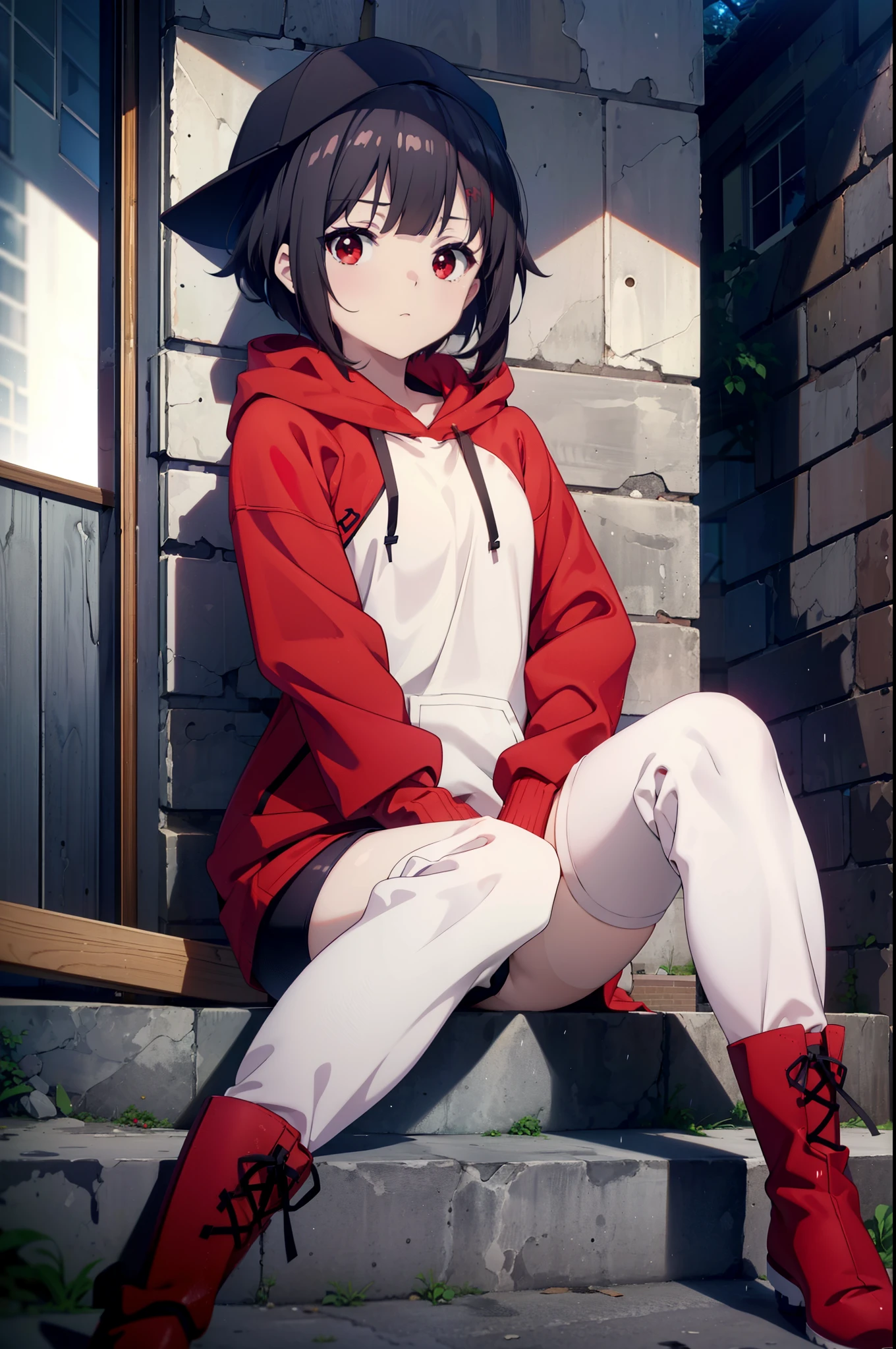 konosubaMegumin, Megumin, short hair, Black Hair, (Red eyes:1.3), short hair with long locks,Oversized red hoodie,Baseball hats,Shorts,White pantyhose,short boots,night,rain,cloudy,Hiding in a roofed building,Sitting on the stairs,whole bodyがイラストに入るように,
break indoors ,Alley,
break looking at viewer, whole body,
break (masterpiece:1.2), Highest quality, High resolution, unity 8k wallpaper, (figure:0.8), (Beautiful attention to detail:1.6), Highly detailed face, Perfect lighting, Highly detailed CG, (Perfect hands, Perfect Anatomy),