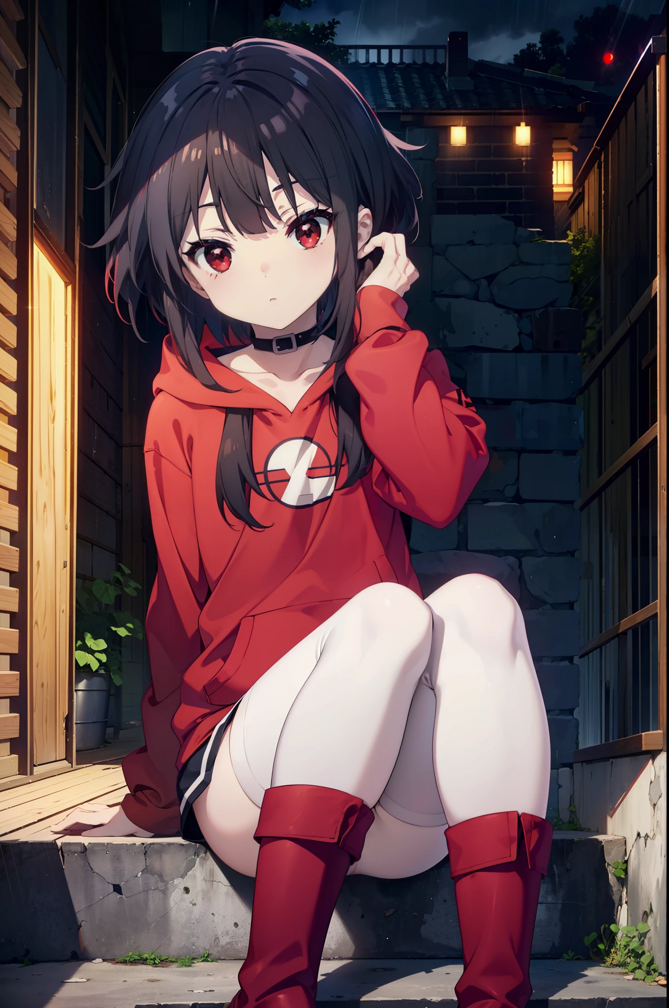 konosubaMegumin, Megumin, short hair, Black Hair, (Red eyes:1.3), short hair with long locks,Oversized red hoodie,Baseball hats,Shorts,White pantyhose,short boots,night,rain,cloudy,Hiding in a roofed building,Sitting on the stairs,whole bodyがイラストに入るように,
break indoors ,Alley,
break looking at viewer, whole body,
break (masterpiece:1.2), Highest quality, High resolution, unity 8k wallpaper, (figure:0.8), (Beautiful attention to detail:1.6), Highly detailed face, Perfect lighting, Highly detailed CG, (Perfect hands, Perfect Anatomy),