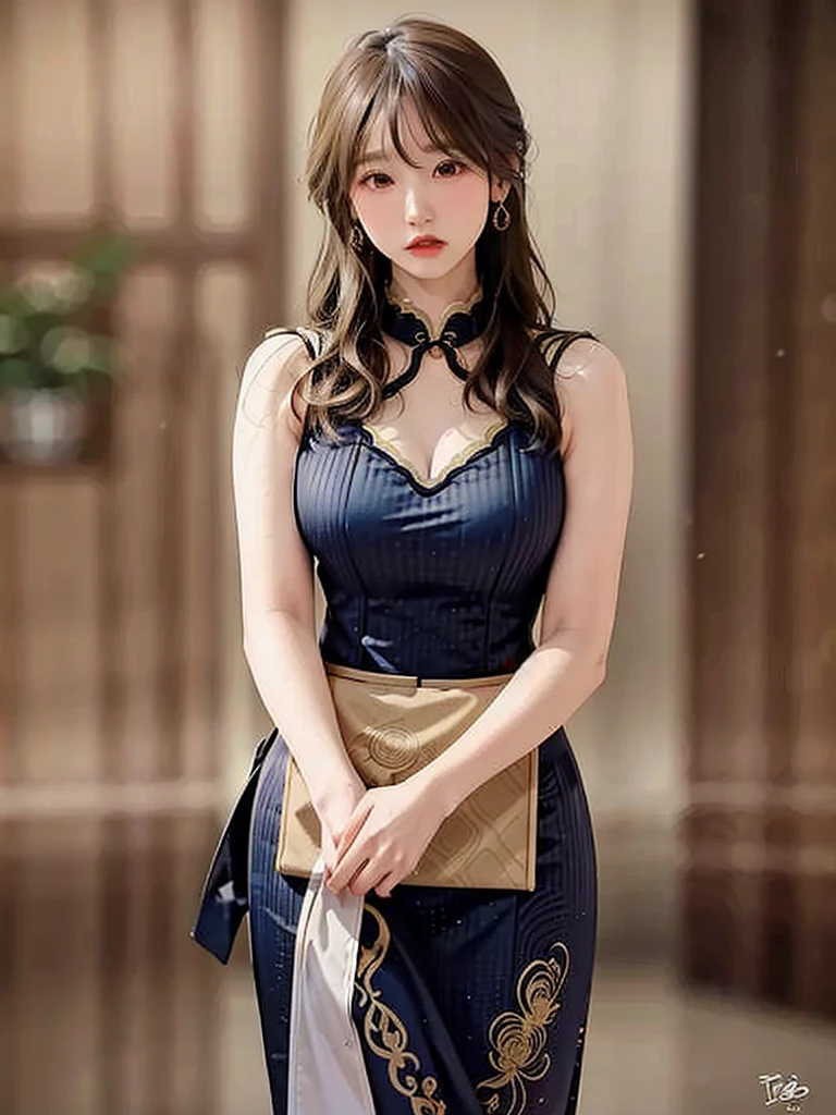 Title: "Elegance in Silk"

Art Style: Hyper-realistic digital painting with elements of classic portraiture. The image showcases intricate details and a rich color palette, emphasizing the beauty and grace of the subject. Techniques include meticulous rendering of textures and soft, dramatic lighting.

Artist's Signature: 'ai Jonas' in the top right corner of the image.

Details to include:
- A woman dressed in a form-fitting, black silk cheongsam with golden embroidery and intricate designs.
- Her pose is confident and alluring, with hands resting behind her head, highlighting her elegant posture.
- The fabric of the cheongsam is depicted with realistic textures, capturing the sheen and flow of the silk.
- Her braided hair is adorned with green jade bangles and gold earrings, adding a touch of traditional elegance.
- Soft, warm lighting that casts gentle shadows, enhancing the contours of her figure and the folds of the dress.
- The background is a softly blurred interior, hinting at a luxurious and culturally rich setting without distracting from the main subject.
- Subtle details in her facial expression and makeup, portraying a sense of poise and sophistication.
- The overall composition should evoke a sense of timeless beauty, cultural richness, and refined elegance.