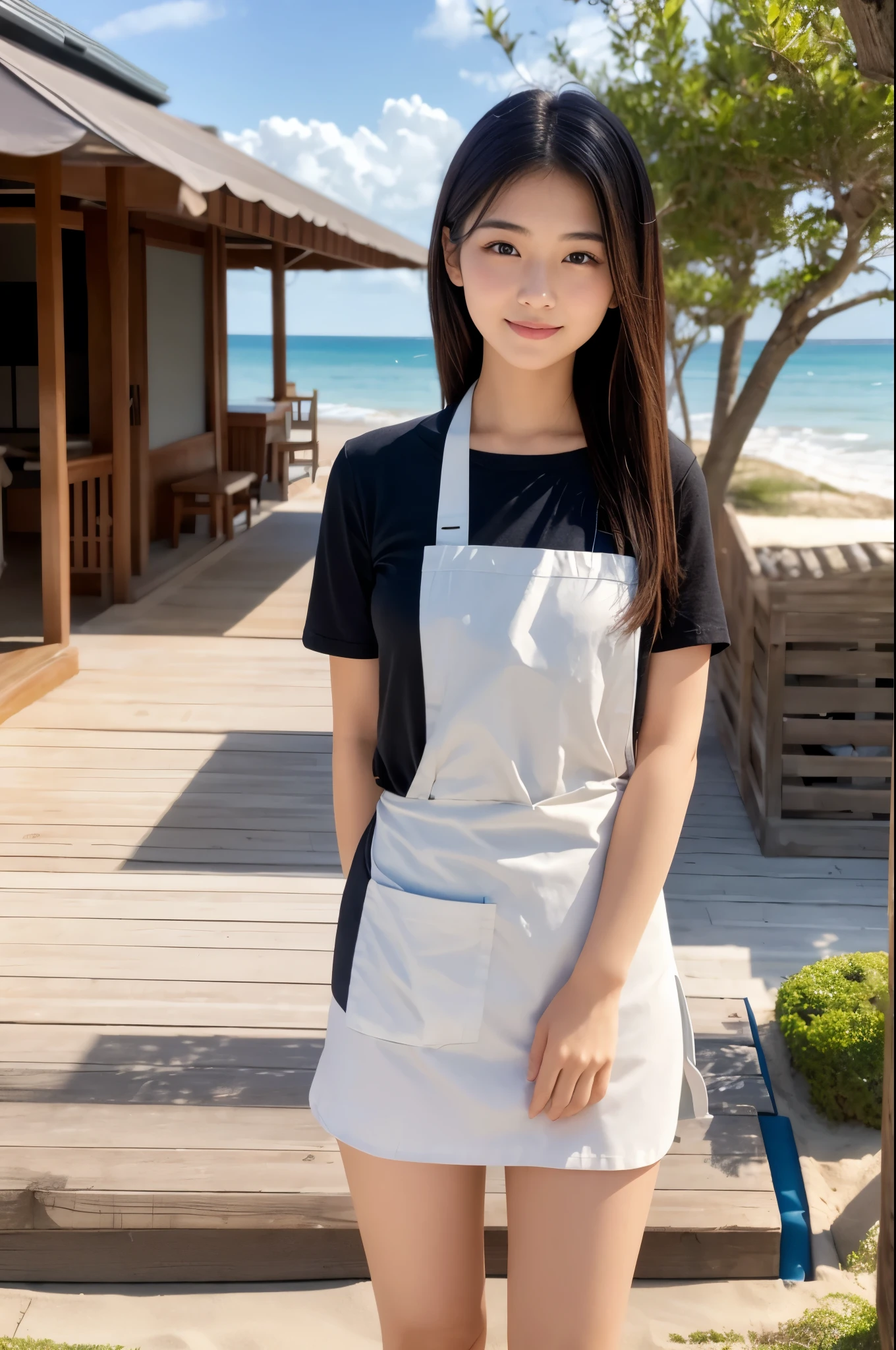 Pretty 21 year old woman(Japanese face)Wearing an apron and a miniskirt、Being at the beach house