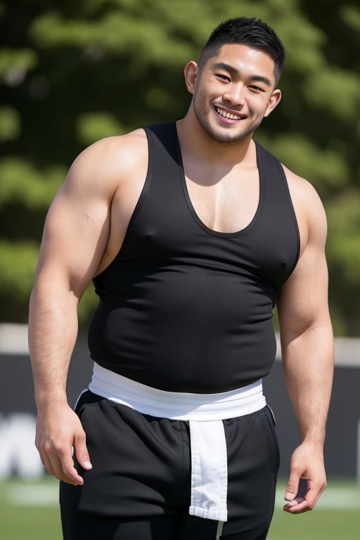 ((highest quality)), ((masterpiece)), (detailed), ((Perfect Face)), 4k, Shaved head, Young Japanese, Muscular, Fat body, Very big man, smile, ((showing off crotch))A large Japanese man topless、whole body、Rugby last week、Thick legs、Thick arm muscles、Intimidating、whole body、((wearing a very tight black rugby-pants))、((topless))