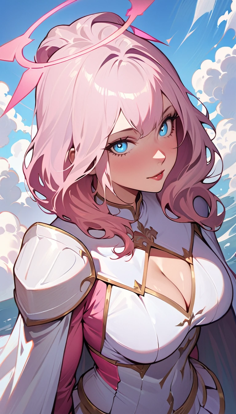 (high quality, 8k, 4K, high contrast, artwork:1.2, high quality, best aesthetics), (centered), ((1 woman)), erotic, sensual, mature body, adult body, adult woman, fleshy woman, super detailed, beautiful face detailed, beautiful eyes detailed, detailed beautiful mouth, (light pink hair, long light pink hair, wavy light pink hair), (blue eyes), (white medieval armor with pink details), (pink ruffed skirt), (shoulder pads), (cleavage on breasts), (medium breasts), (long white cape), (coxas expostas), (pink angel halo), (calm expression), (standing), (looking at the viewer), (above the clouds), (clear blue sky), (front view)