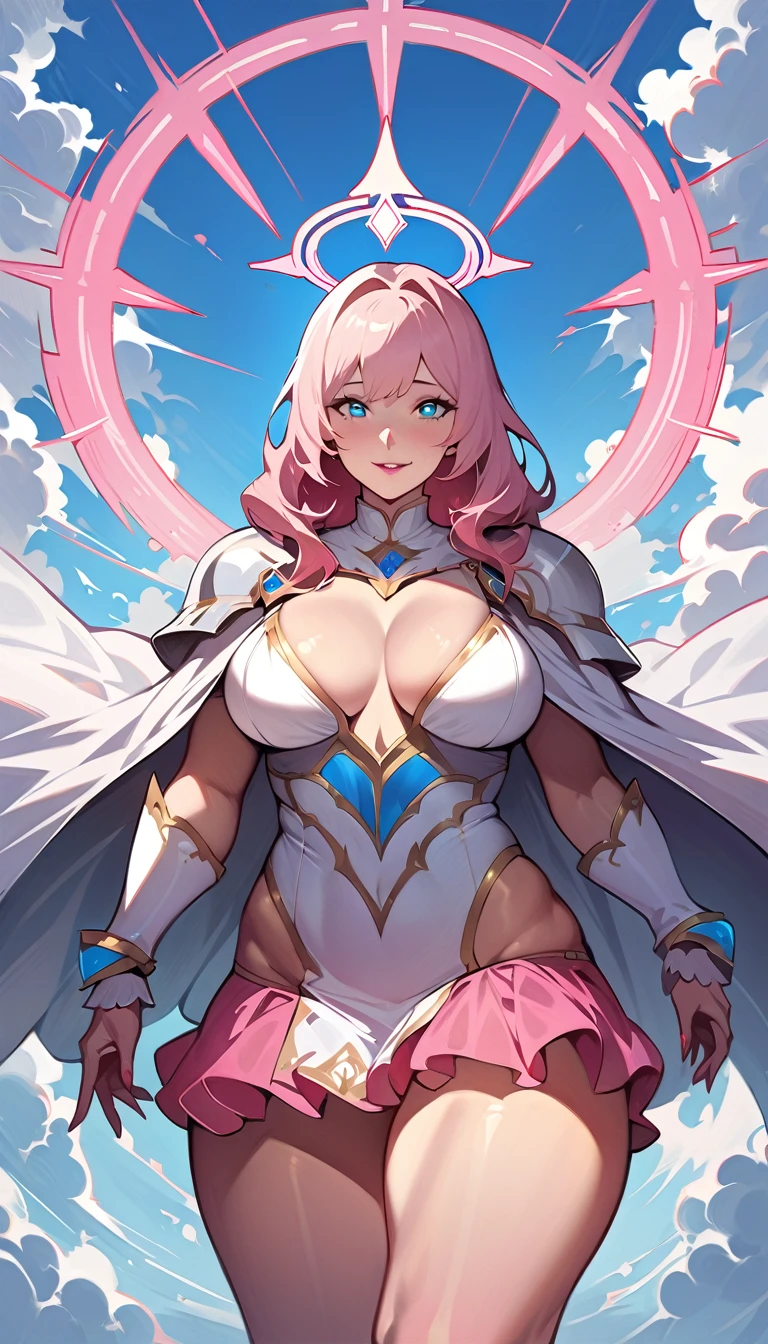 (high quality, 8k, 4K, high contrast, artwork:1.2, high quality, best aesthetics), (centered), ((1 woman)), erotic, sensual, mature body, adult body, adult woman, fleshy woman, super detailed, beautiful face detailed, beautiful eyes detailed, detailed beautiful mouth, (light pink hair, long light pink hair, wavy light pink hair), (blue eyes), (white medieval armor with pink details), (pink ruffed skirt), (shoulder pads), (cleavage on breasts), (medium breasts), (long white cape), (coxas expostas), (pink angel halo), (calm expression), (standing), (looking at the viewer), (above the clouds), (clear blue sky), (front view)