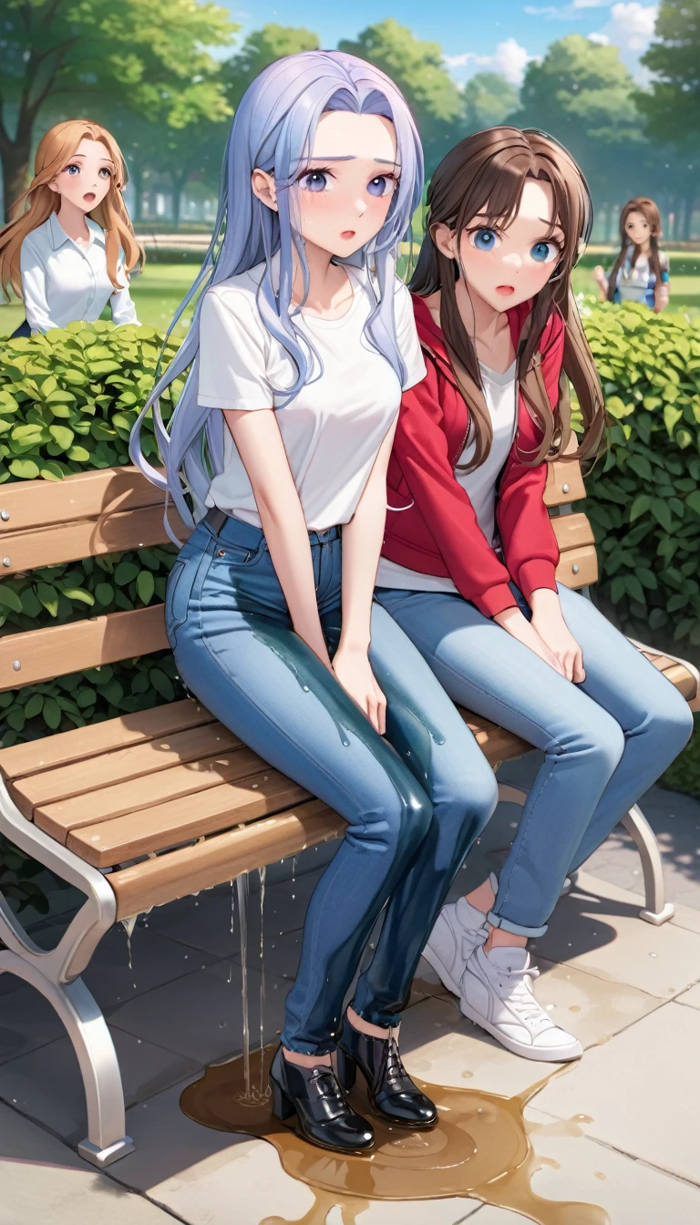 ((best quality, masterpiece:1.3, 8K)), (detailed), highly detailed face and skin texture, detailed eyes, park, pond, bench, full body, (slender body:1.1), (a group of girls:1.5), 25 years old, white skin, bright lips, scared, worried, embarrassed, long hair, (forehead:1.0), (jeans pants:1.2, skinny jeans:1.2, blue jeans:1.2), (wetting themself:2.5),
