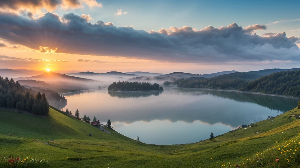 Misty morning scene of Lacu Rosu lake. Foggy summer sunrise in Harghita County, Romania, Europe.