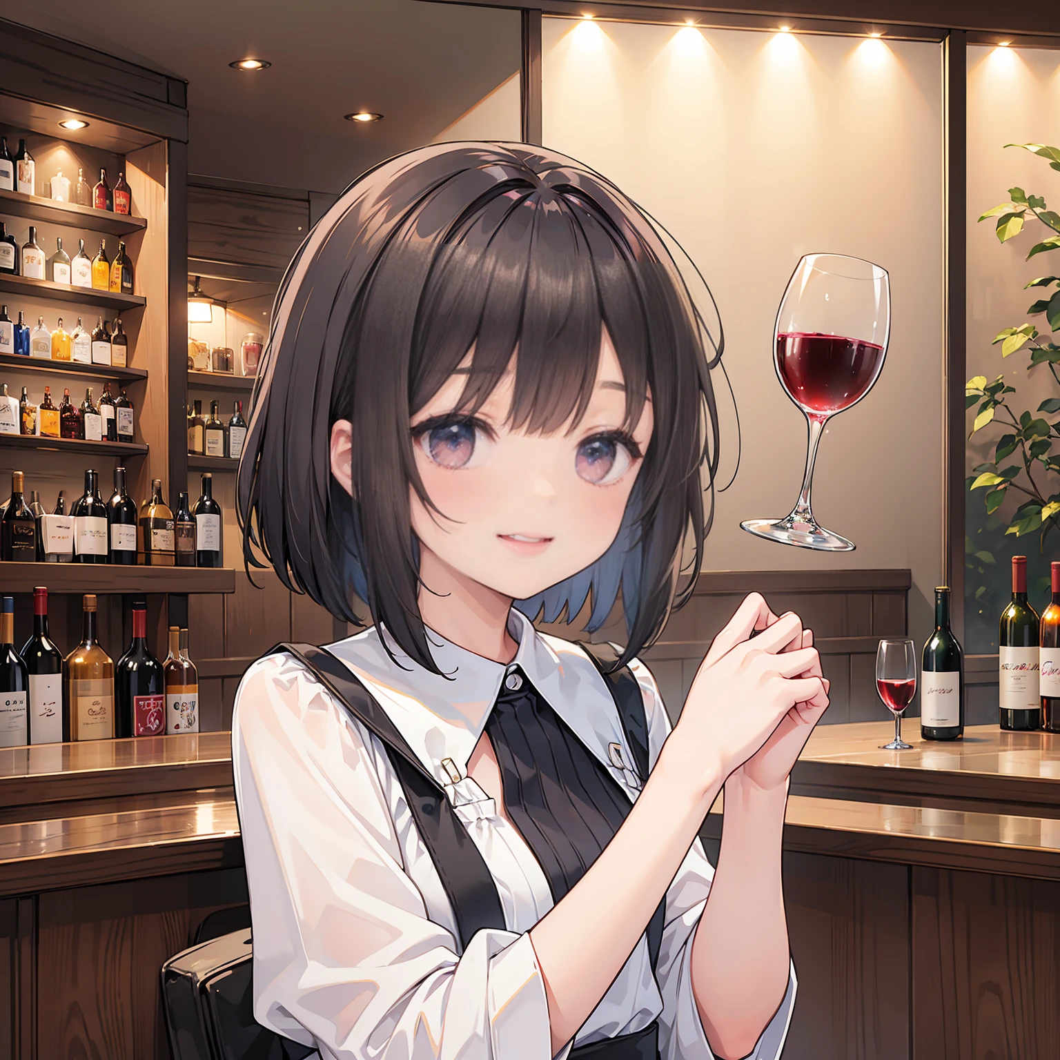 Photorealistic、Highest quality、Highest Resolution、Highest quality、８Ｋ、Beautiful woman、Bob Cut Hair、Dark Hair Color、smile、Smile、looks fun、bar、wine、cheers