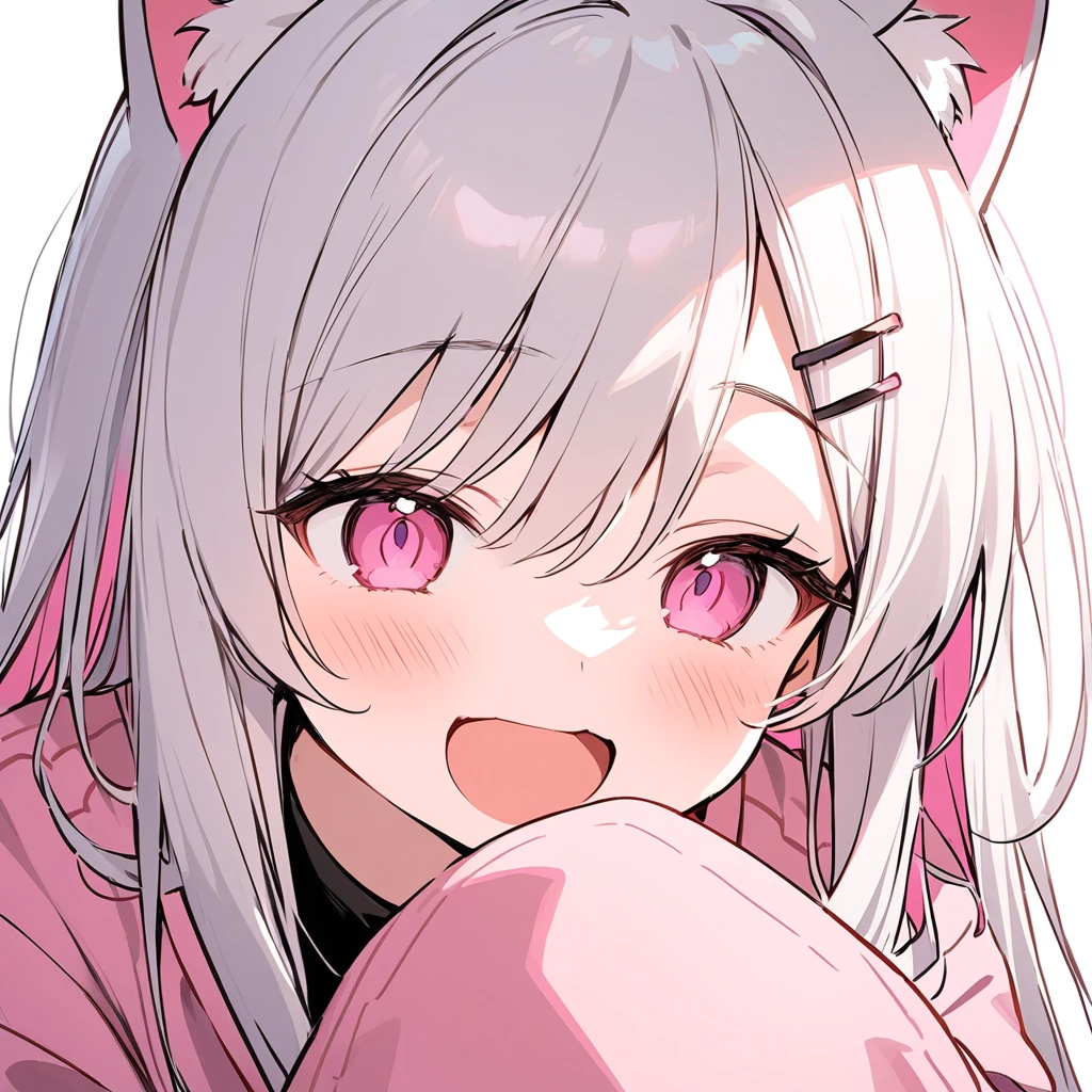 long hair, White hair, pink inner hair, open mouth, smile, flustered, Illustration where the pupil does not overlap the lower lash line, The lower half of the eye is white, vacant eyes, pink eyes, oversized clothes, sleeves past wrists, , pink cardigan, pink ribbon, piercing, stuffed animal, White background, 1girl, cat ear，solo, hairpin，Take a picture herself