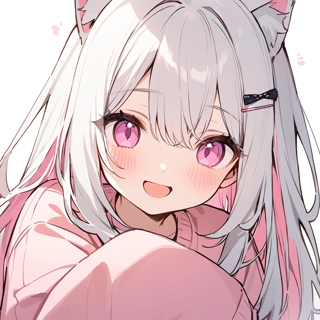 long hair, White hair, pink inner hair, open mouth, smile, flustered, Illustration where the pupil does not overlap the lower lash line, The lower half of the eye is white, vacant eyes, pink eyes, oversized clothes, sleeves past wrists, , pink cardigan, pink ribbon, piercing, stuffed animal, White background, 1girl, cat ear,solo, hairpin,Take a picture herself