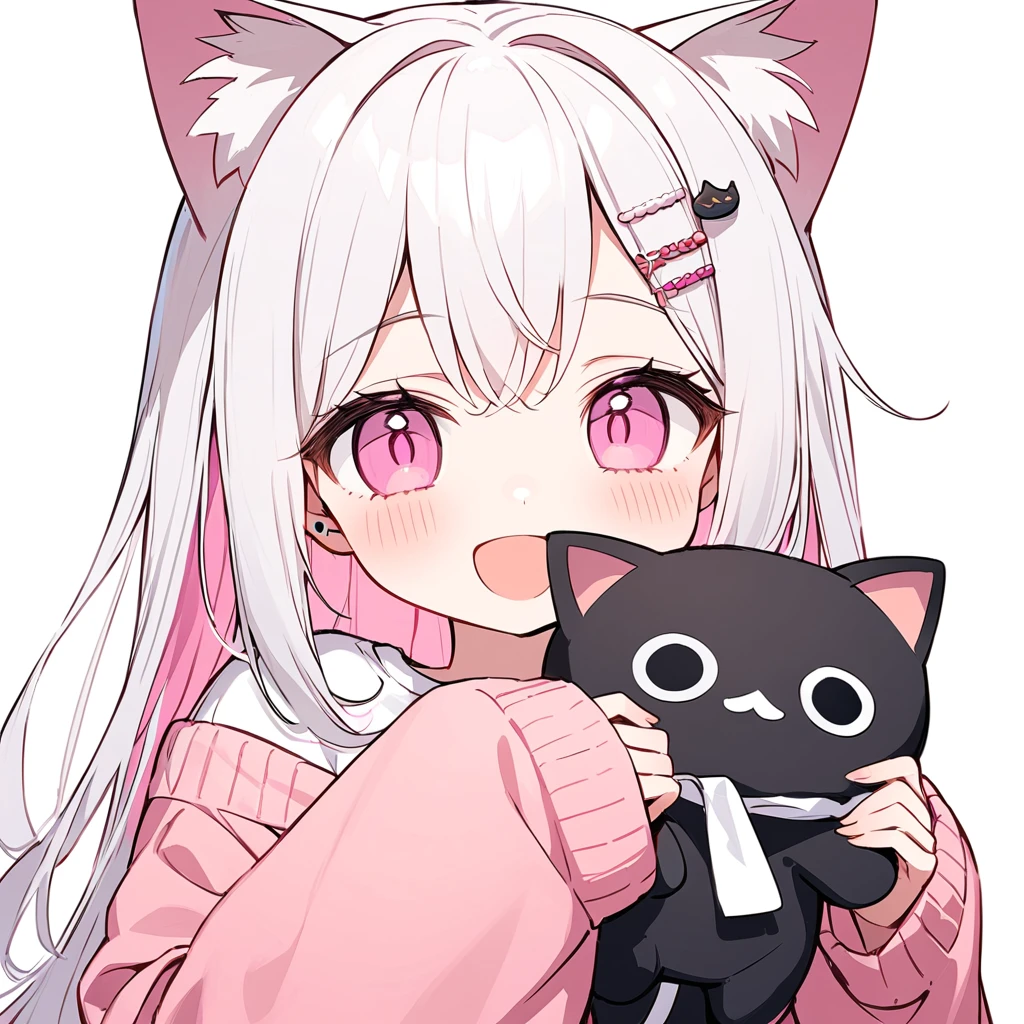 long hair, White hair, pink inner hair, open mouth, smile, flustered, Illustration where the pupil does not overlap the lower lash line, The lower half of the eye is white, vacant eyes, pink eyes, oversized clothes, sleeves past wrists, , pink cardigan, pink ribbon, piercing, stuffed animal, White background, 1girl, cat ear，solo, hairpin，Take a picture herself