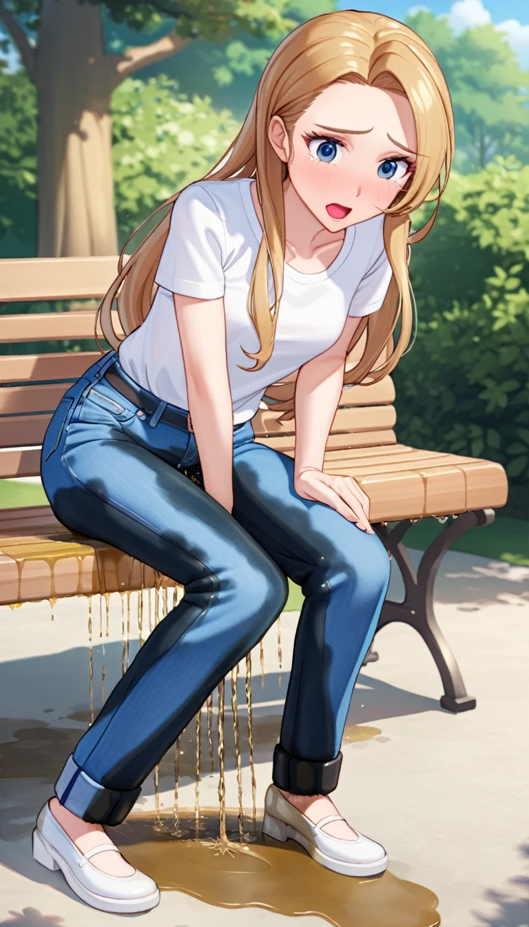 ((best quality, masterpiece:1.3, 8K)), (detailed), highly detailed face and skin texture, detailed eyes, park, pond, bench, full body, (slender body:1.1), (a group of girls:1.5), 25 years old, white skin, bright lips, scared, worried, embarrassed, long hair, (forehead:1.0), (jeans pants:1.2, skinny jeans:1.2, blue jeans:1.2), (wetting themself:2.5),