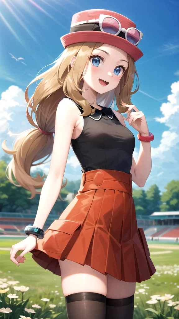 masterpiece, best quality, highres, aaserena, solo, long hair, eyewear on headwear, pink headwear, eyelashes, blue eyes, sleeveless shirt, black shirt, bracelet, high-waist skirt, red skirt, black thighhighs, standing, field, holding poke ball, poke ball \(basic\), holding, smile, open mouth, cowboy shot,