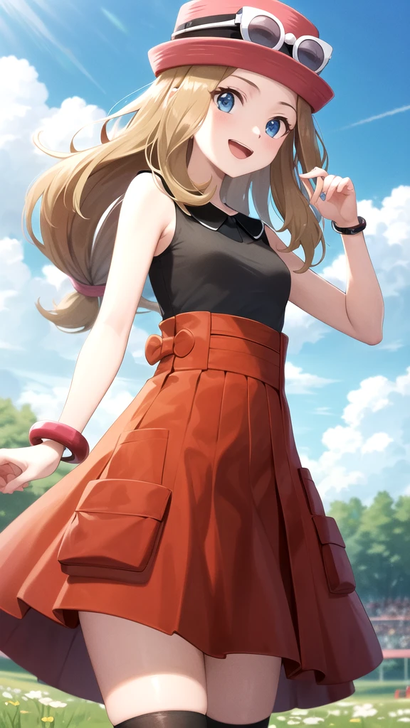 masterpiece, best quality, highres, aaserena, solo, long hair, eyewear on headwear, pink headwear, eyelashes, blue eyes, sleeveless shirt, black shirt, bracelet, high-waist skirt, red skirt, black thighhighs, standing, field, holding poke ball, poke ball \(basic\), holding, smile, open mouth, cowboy shot,