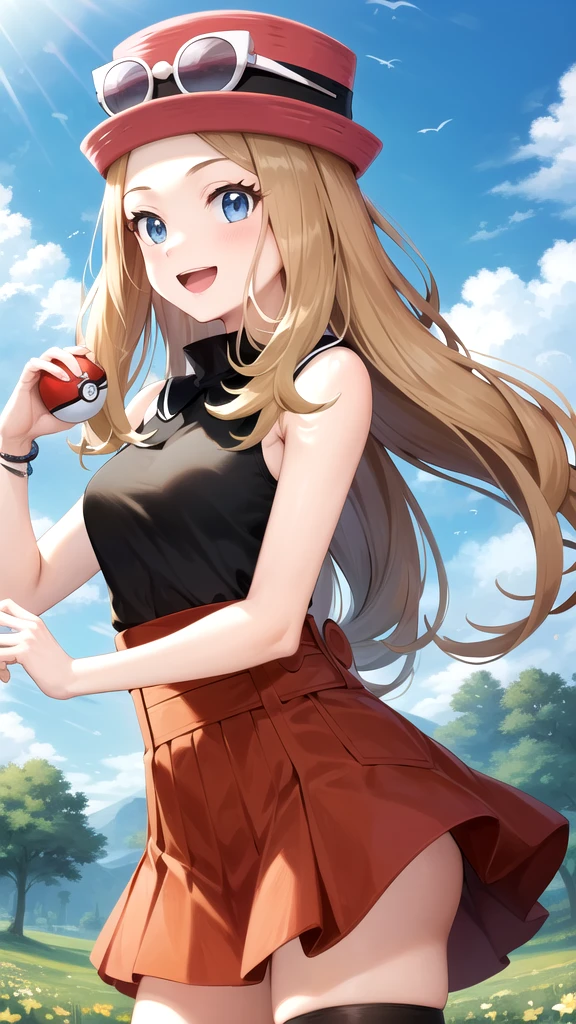 masterpiece, best quality, highres, aaserena, solo, long hair, eyewear on headwear, pink headwear, eyelashes, blue eyes, sleeveless shirt, black shirt, bracelet, high-waist skirt, red skirt, black thighhighs, standing, field, holding poke ball, poke ball \(basic\), holding, smile, open mouth, cowboy shot,