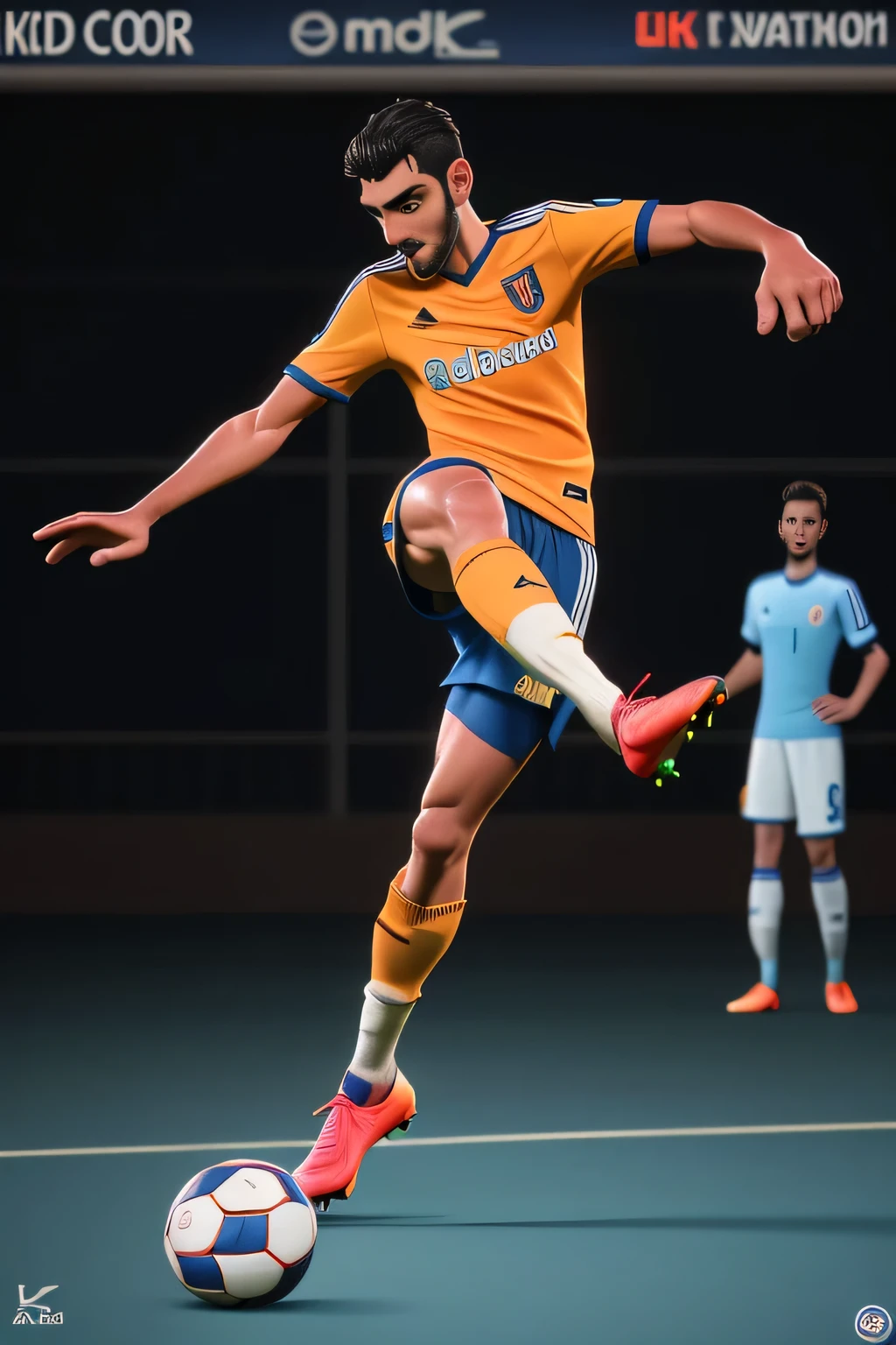 RAW photo, 8k uhd, masterpiece, (photorealistic:1.4), best quality, beautiful lighting, 3D Art, C4D, OC render, Pity Martinez, (full body:1.5),a 40 yo man, professional soccer player, sports shorts, half socks, soccer shoes, soccer ball, kicking pose, lively, handsome