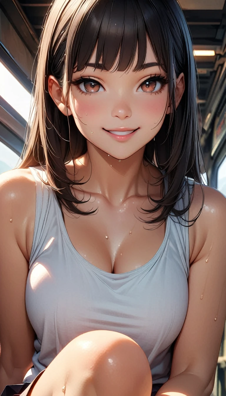  (Highest quality, 8K, 4K, High resolution, masterpiece:1.2), Very detailed, Anime Style:0.9, Realistic, Bright colors, Written boundary depth, Blurred Background,  alone, 1 female, (Long Black Hair, Cut straight、Straight bangs, Dark brown eyes), Beautiful facial details, Beautiful Eyes, Long eyelashes, Soft lips, (Small face), (smile:1.3), Rear View,  ((Tank top:1.2,  )),mini skirt, No bra, train, (Sit with your legs apart), Lace Underwear, Big cleavage, Expressions of ecstasy, Sweat, Blushing, My body is soaked, Wet Panties, 